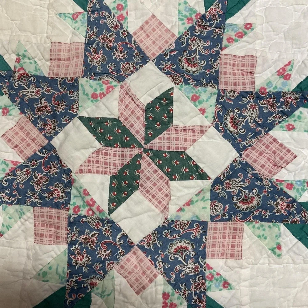 Vintage Hand Quilted Star Quilt 64x82 Labeled Patchwork American Cottage Bedding